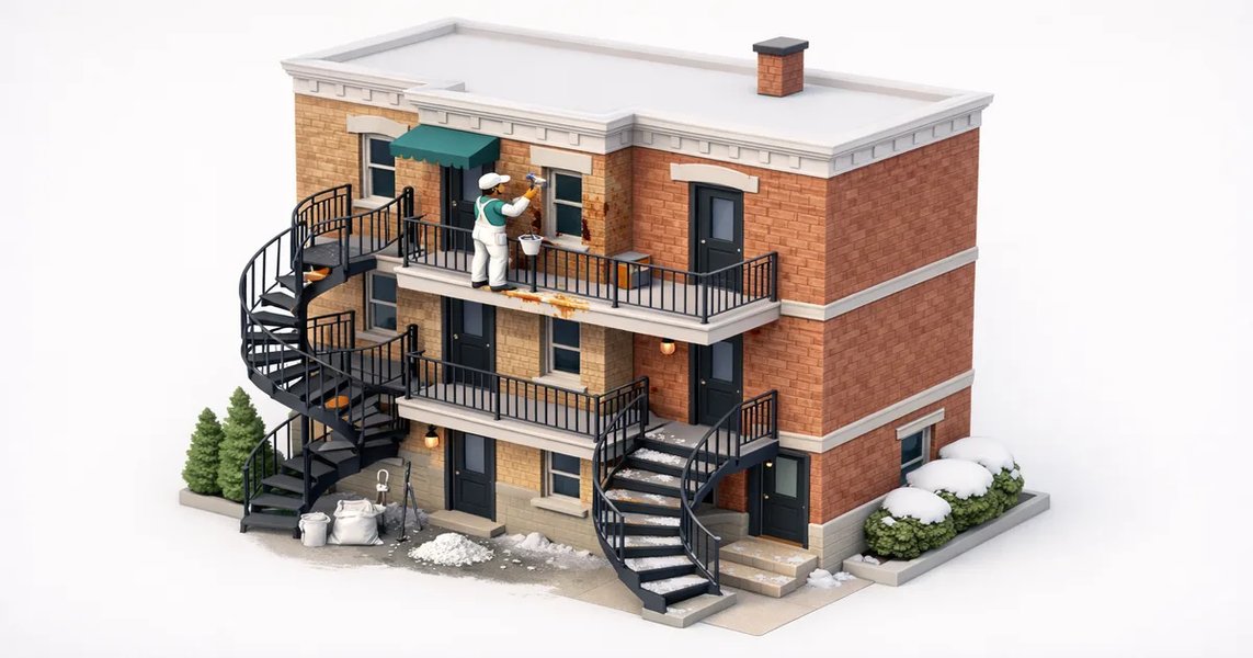 Escalier extérieur en colimaçon typique d'un triplex montréalais