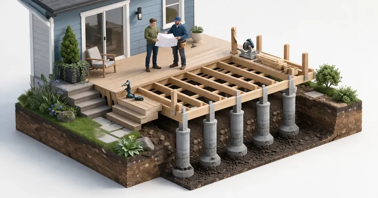 New composite deck under construction in an Ottawa backyard with Sonotube footings visible at ground level