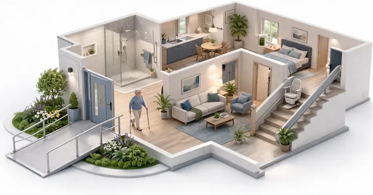 Bright accessible bathroom with walk-in shower, grab bars, and comfort-height toilet in an Ottawa home