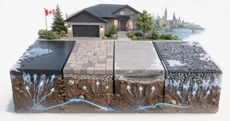 Cracked asphalt driveway showing freeze-thaw damage after an Ottawa winter with spring meltwater visible in the cracks