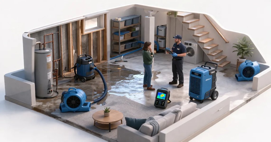 Professional water damage restoration crew using industrial dehumidifiers and air movers in a flooded Ottawa basement