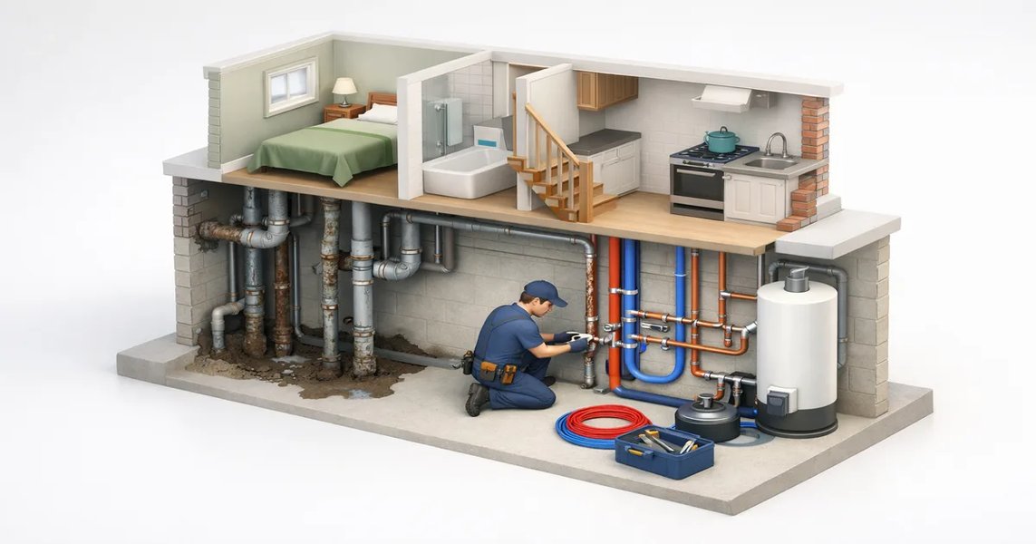 Comparaison entre tuyaux galvanisés corrodés et tuyaux modernes en PEX dans une rénovation