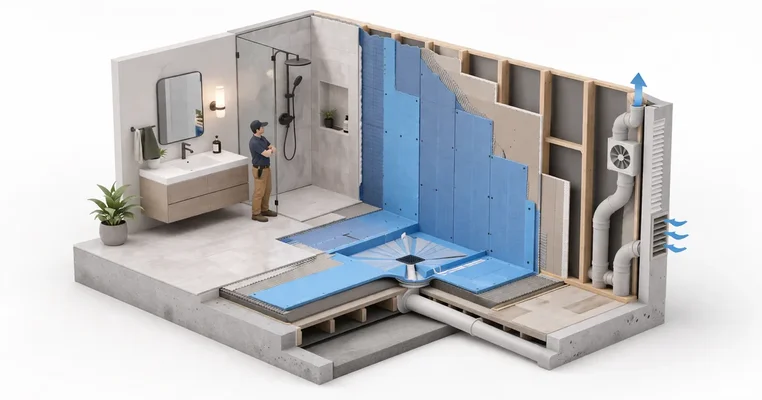 Bathroom renovation in progress showing waterproofing membrane installation behind shower tile in an Ottawa home