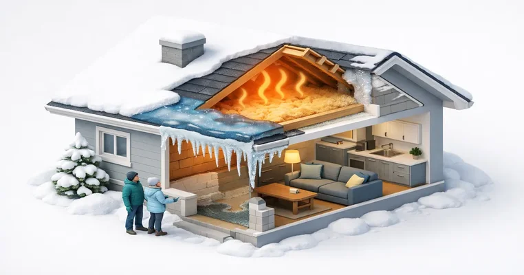 Barrage de glace avec glaçons sur le bord d'un toit résidentiel québécois en hiver