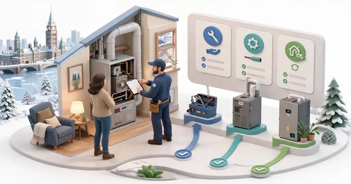 HVAC technician servicing a residential furnace in an Ottawa home basement