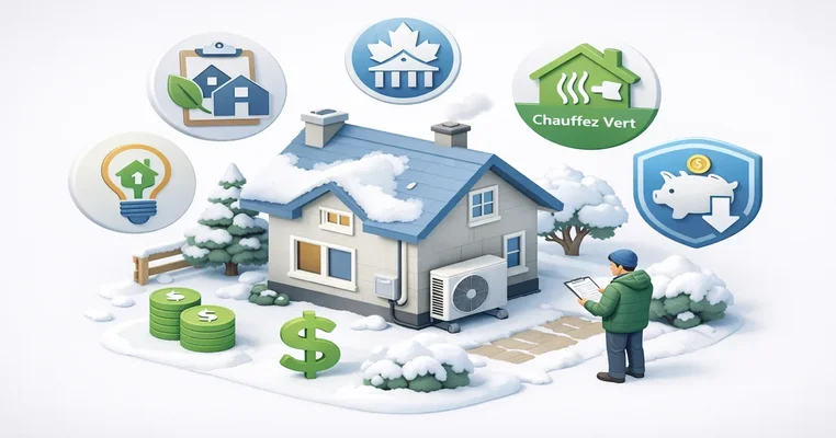 Thermopompe installée sur une maison québécoise avec icônes des différents programmes de subvention