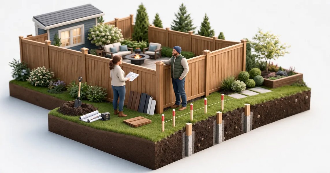 New cedar privacy fence installed along a backyard property line in an Ottawa residential neighbourhood