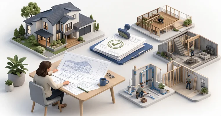Ottawa homeowner reviewing building permit documents at a kitchen table with renovation blueprints spread out
