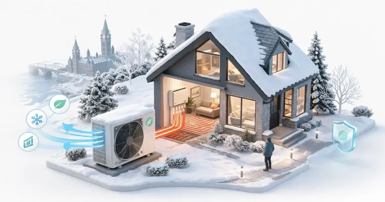 Cold-climate heat pump unit outside an Ottawa home in winter snow