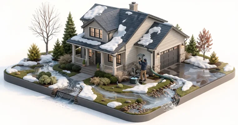 Ottawa home exterior during spring thaw with melting snow revealing foundation and roof areas for inspection