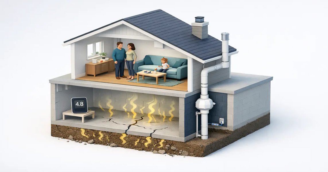 Détecteur de radon installé dans un sous-sol québécois avec lecture numérique