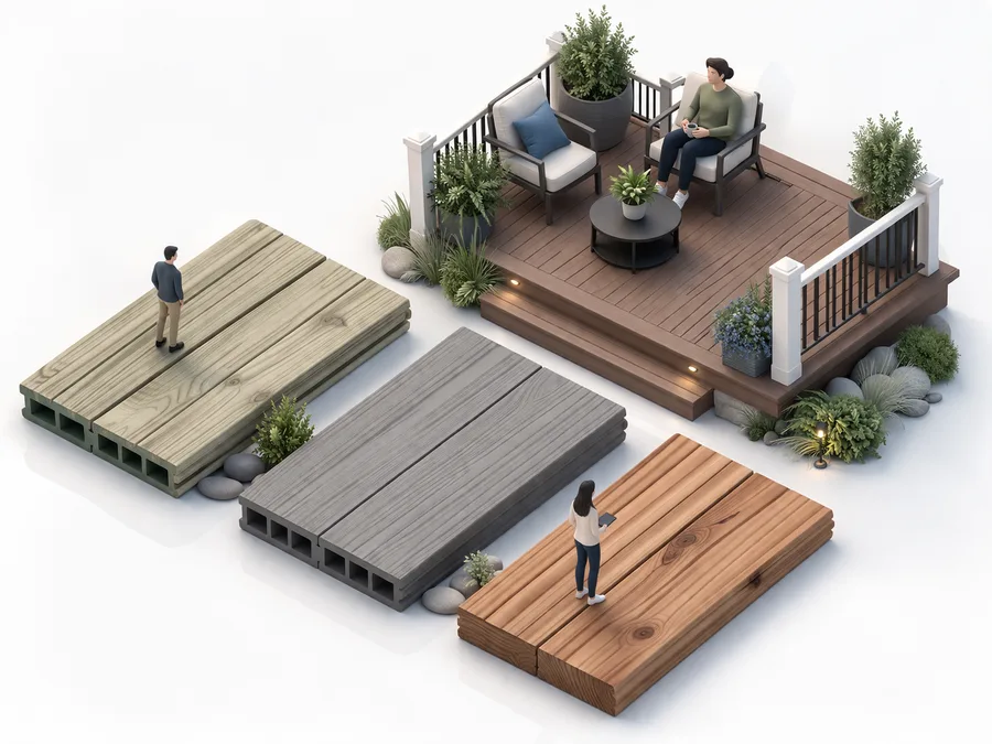 Material comparison showing pressure-treated wood, composite, and cedar deck boards arranged beside a small finished deck mockup