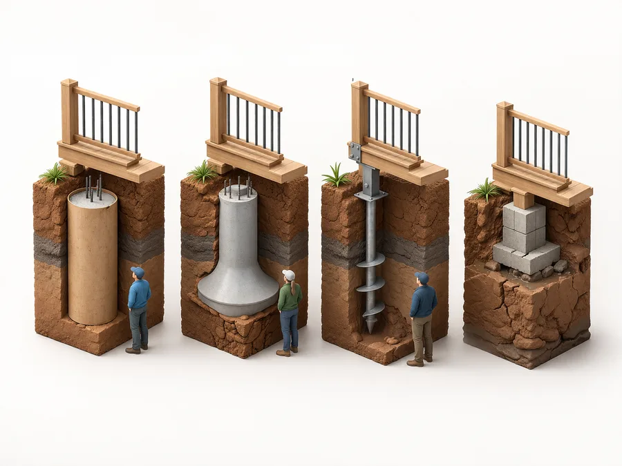 Cutaway illustration showing deck footing options in Ottawa clay soil: sonotube, bell footing, helical pile, and unstable shallow block for comparison