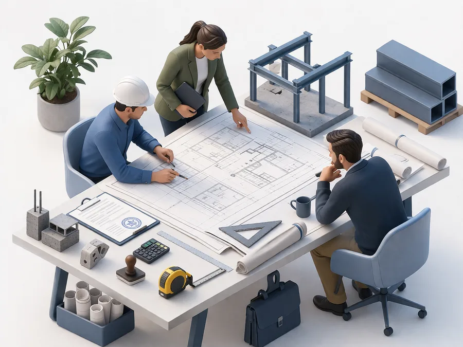 Architectes et propriétaires examinant une demande de permis de construction