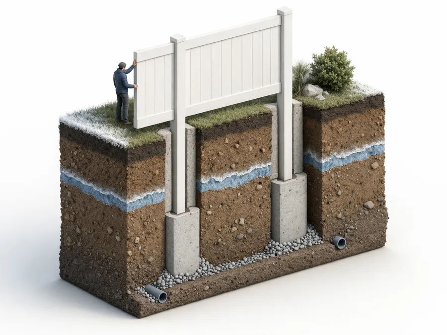 Cutaway diagram showing fence posts extending below frost line into concrete with drainage gravel at base