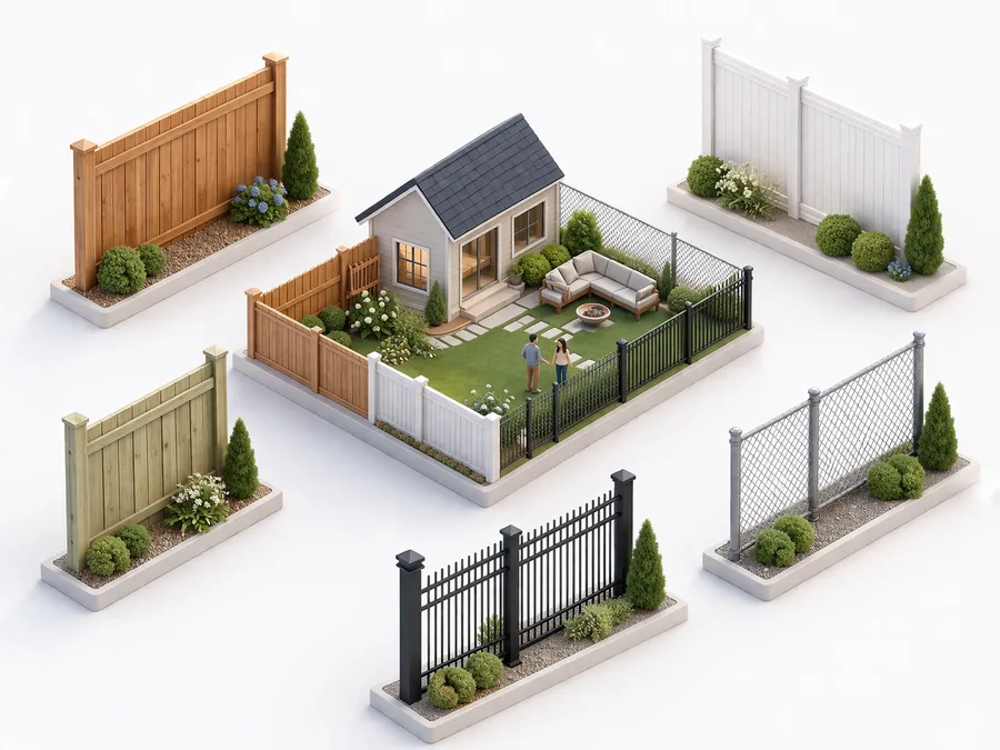 Comparison of fence materials including cedar, pressure-treated wood, vinyl, chain link, and black aluminum shown as sample panels