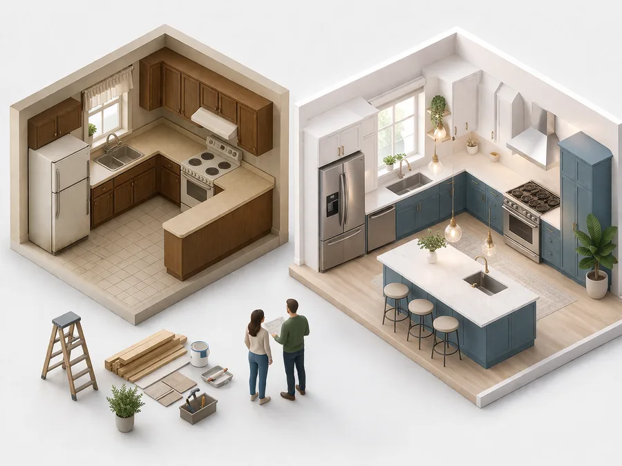 Before-and-after kitchen transformation showing old dated layout on one side and refined renovated kitchen on the other