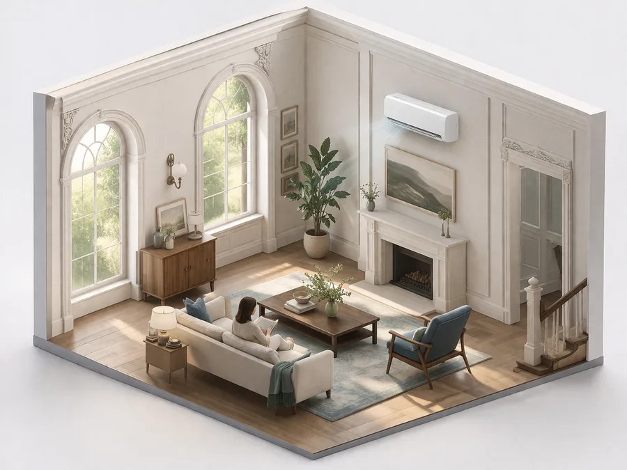 Heritage living room with a discreet ductless mini-split head cooling the space, high ceilings, soft summer light