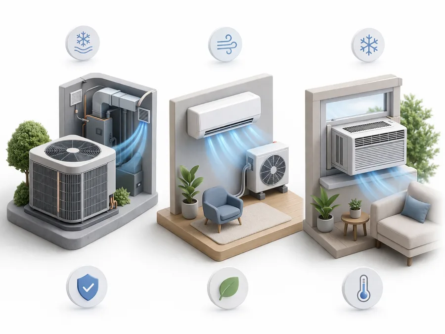 Comparison layout of central AC, ductless mini-split, and window unit as three refined cooling modules with airflow and comfort icons