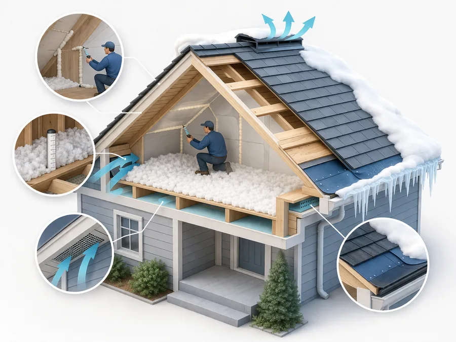 Roofing comparison board with four elegant roof material samples and small icons for snow shedding, lifespan, and maintenance