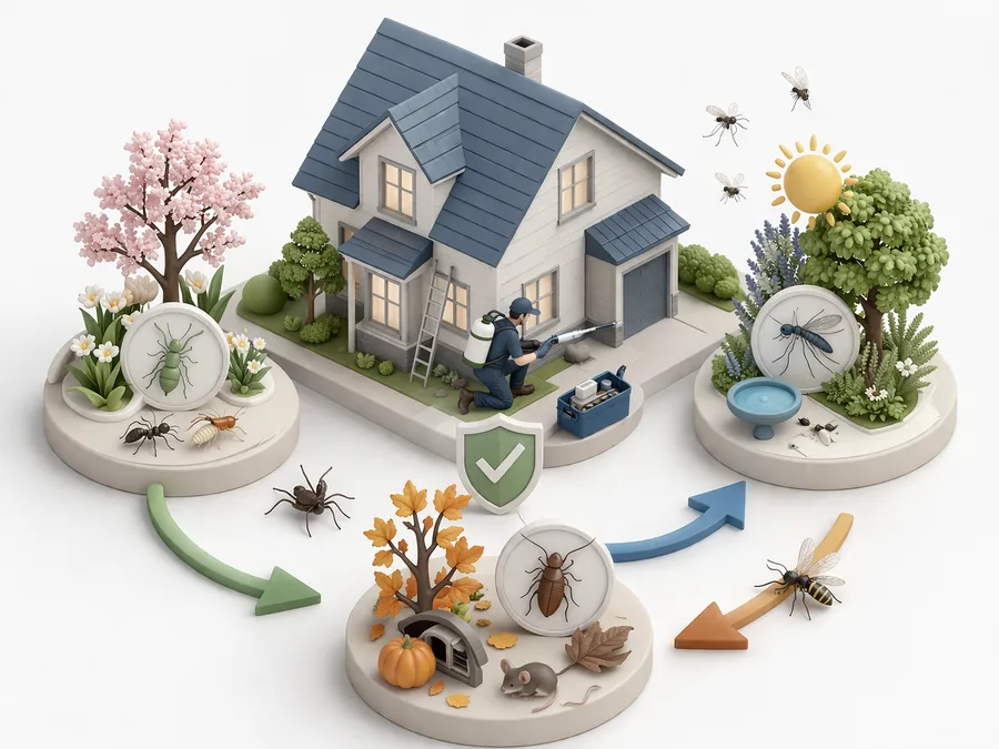 Seasonal pest calendar concept showing a house surrounded by spring, summer, and fall pest icons with a pest-control professional marking entry points