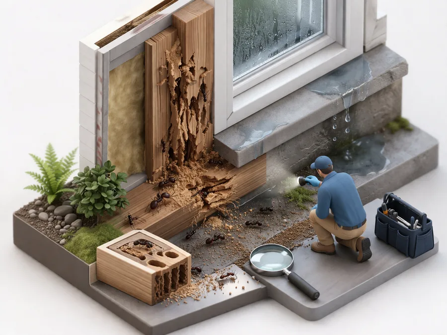 Close-up of carpenter ants damaging damp structural wood near a basement window, with frass visible, moisture source, and inspection tools