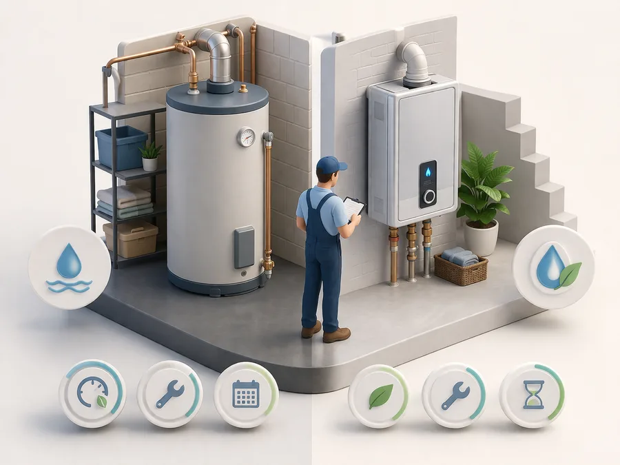 Basement equipment comparison showing standard tank water heater and tankless system with efficiency, maintenance, and lifespan indicators