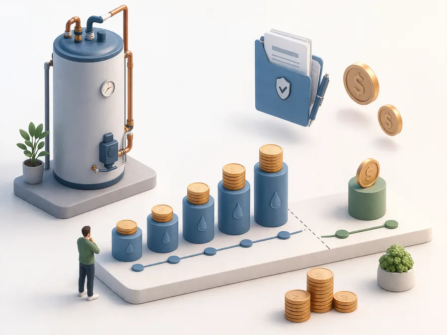 Hot water tank connected to a cost timeline showing monthly rental bills versus one-time purchase with coins and contract folder floating nearby