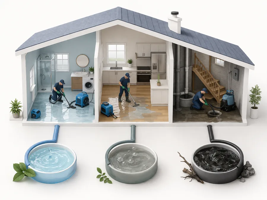 Water damage category comparison showing clean water, grey water, and black water represented as three distinct recovery scenarios in a house cutaway