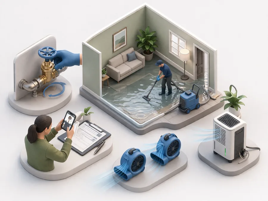 Emergency water damage response sequence showing shutoff valve, insurance documentation photos, water extraction equipment, fans, and dehumidifier as action steps