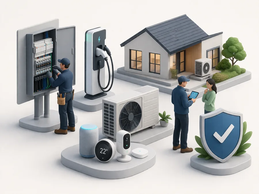 Service upgrade composition with electrical panel, EV charger cable, heat pump icon, smart home devices, and ESA-style inspection shield