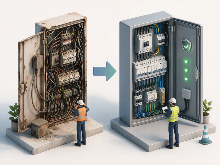 Comparison of an overloaded aging electrical panel versus a clean modern panel with balanced circuits and safety indicators