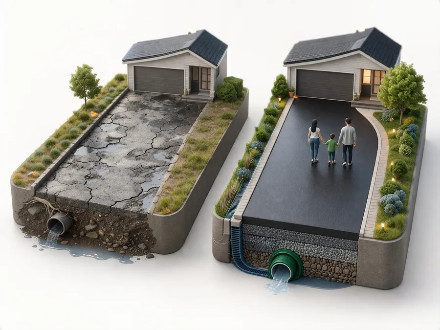 Side-by-side comparison of a cracked worn driveway versus a properly built resilient driveway with seal-coating and good drainage