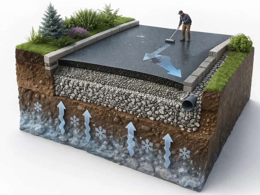 Cutaway of driveway construction showing deep compacted granular base over clay soil, surface layer above, drainage slope, and freeze-thaw movement arrows
