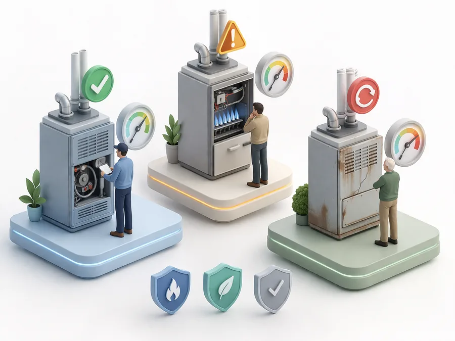 Decision graphic showing three furnace states: healthy serviced unit, repair alert unit, and aging replacement unit with gauges and safety icons