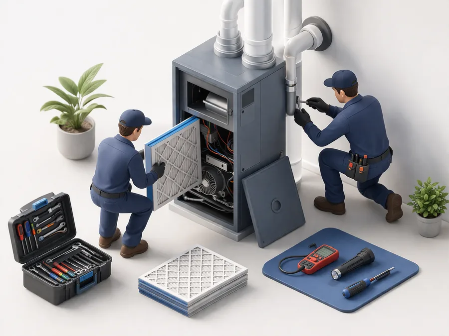 Furnace maintenance scene with filter replacement, combustion check, vent pipe inspection, and tool kit arranged around a modern furnace unit