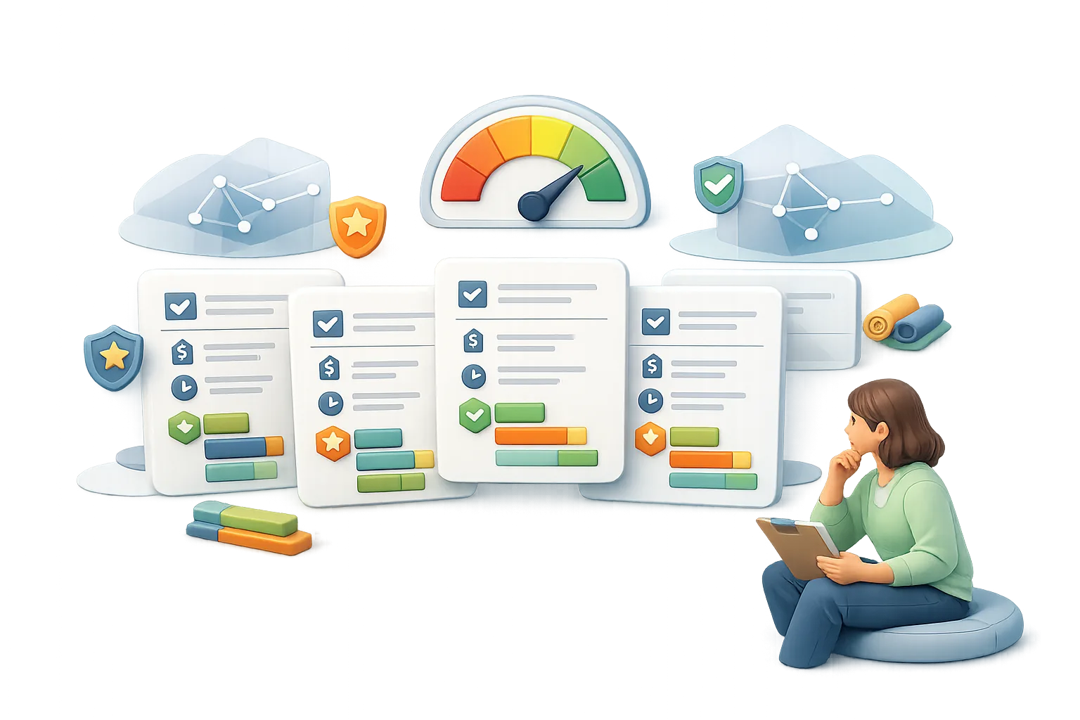 Quote comparison dashboard with value scores, radar charts, and budget positioning